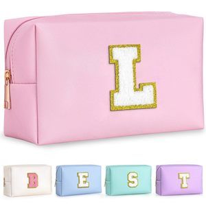 Preppy Pink Glitter Chenille Patch Travel Makeup Bag, 8.3in X 3.5in X 4.9in🤚